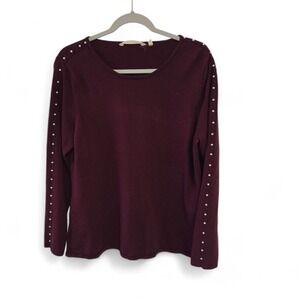 Soft Surroundings Burgundy Pearl Embellished Knit Sweater Womens Long Sleeve Top